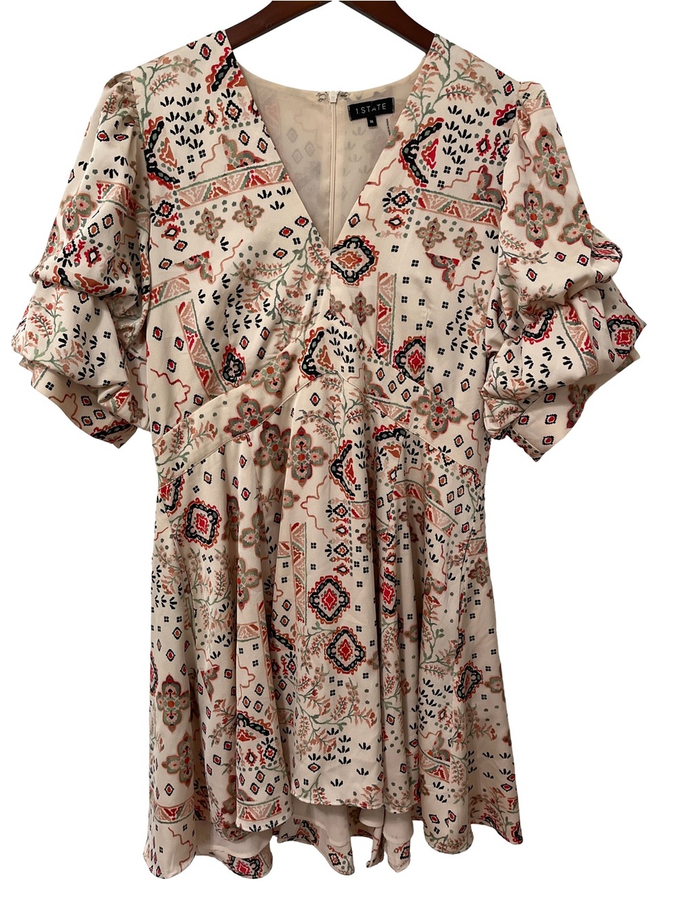 1.STATE Women's XL Beige Boho Print Puff Sleeve V-Neck Mini Dress